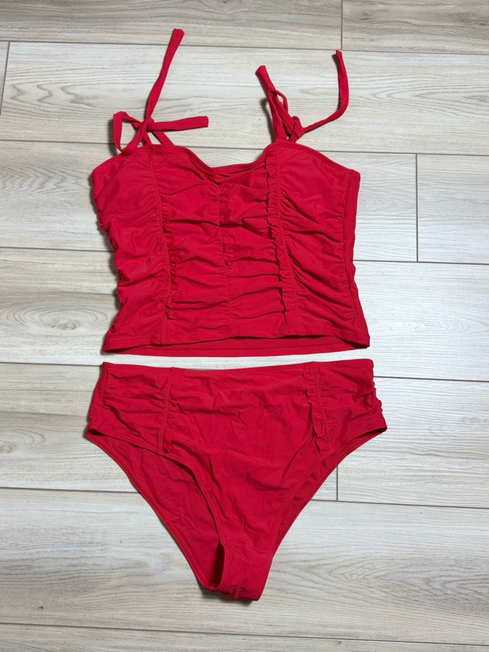 Red Ruched Tankini Bikini Set XL High Waisted Full Coverage